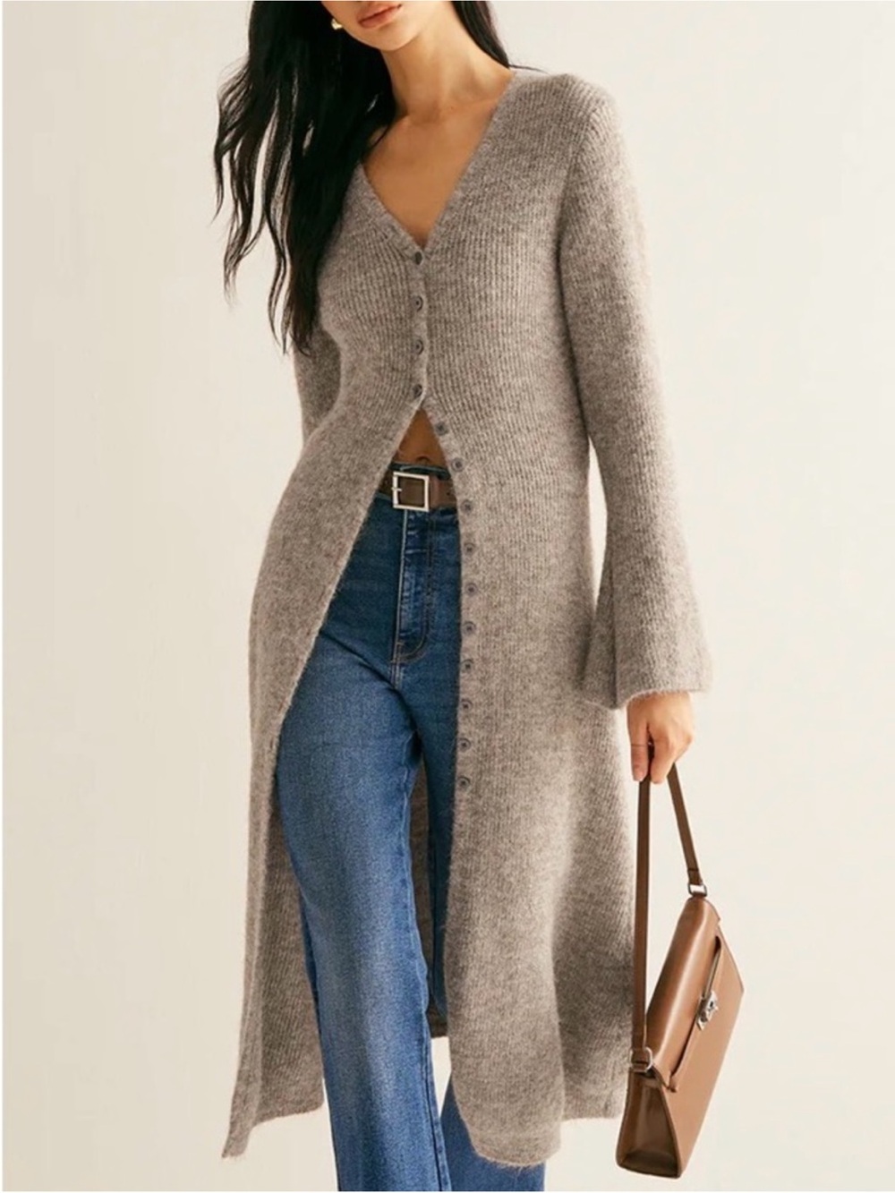 Commense Long V-Neck Button-Front Knit Cardigan – Gray